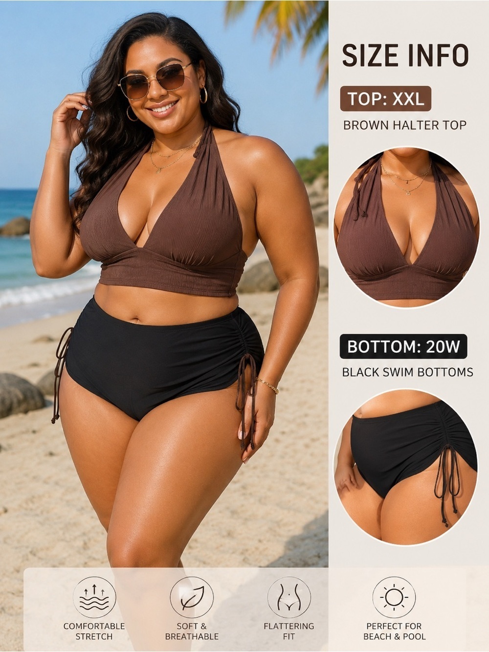2-Piece Swimsuit Brown Top Black Bottom 20W XXL – Plus Size – New